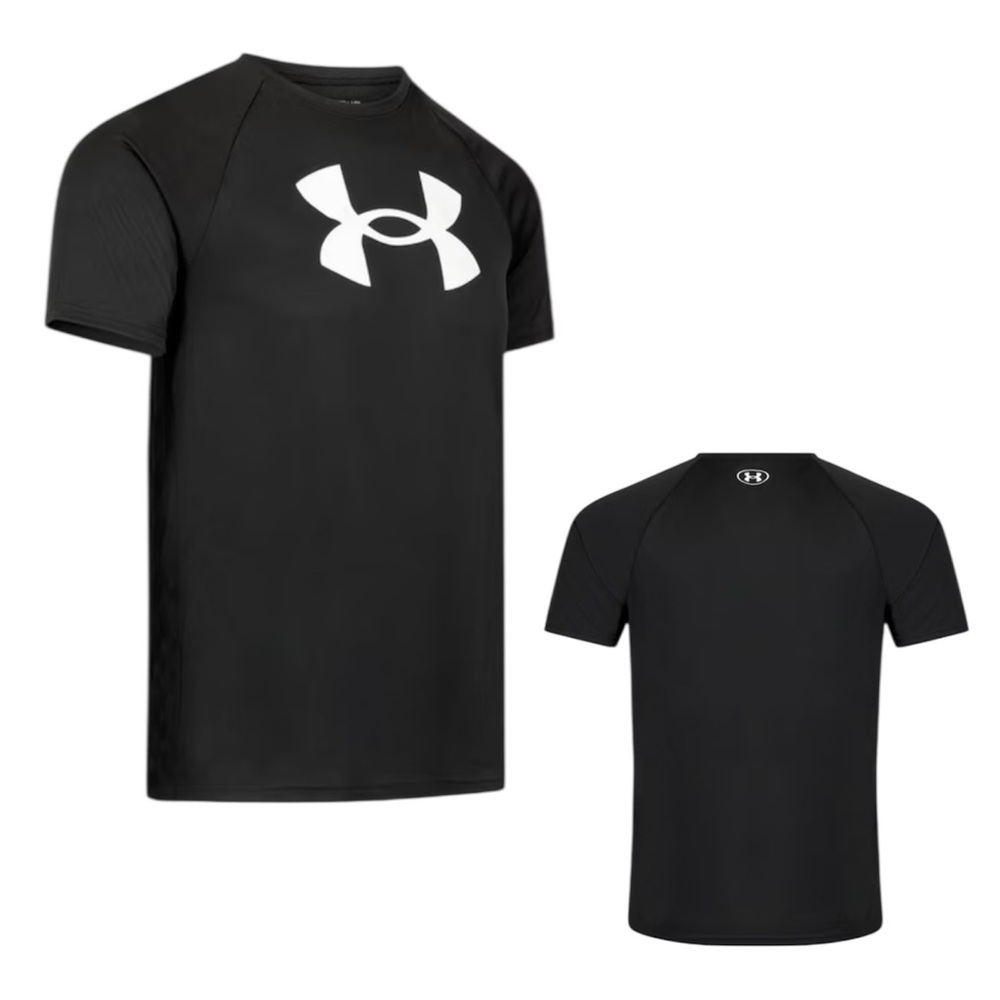 New UA Boys Black Tech Big Logo Shirt Easy Care Soft Short Sleeve Tee YXL NWT